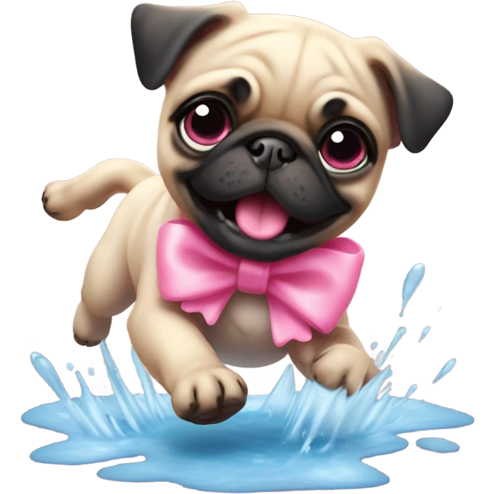 Baby pug with big pink
eyes wearing a pink bow above 1 ear jumping in a puddle  emoji
