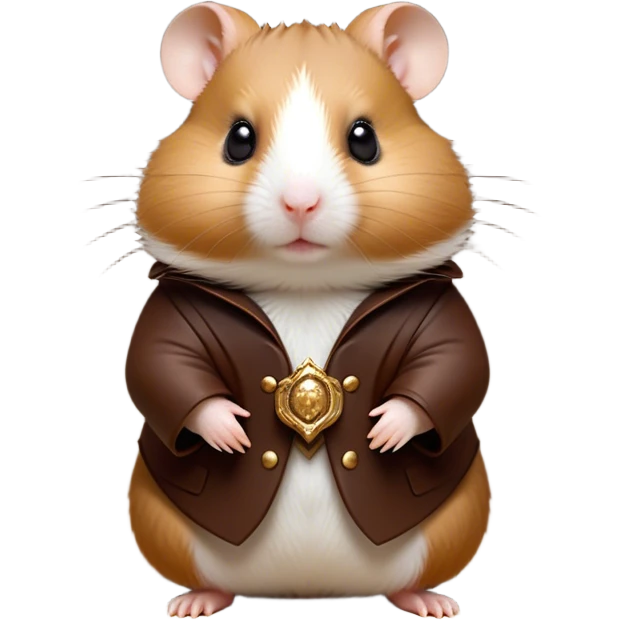 Cinematic Noble Brown Hamster Portrait Emoji, Poised and regal, with a tiny, compact build and a smooth, well-kept rich brown coat, deep-set soulful dark eyes, Simplified yet sharp and sophisticated features, highly detailed, glowing with a soft, dignified glow, high shine, intelligent and energetic, stylized with an air of miniature majesty, focused and attentive, soft glowing outline, capturing the essence of a watchful and confident rodent, so majestic it feels as though it could scurry out of the screen with effortless authority! emoji