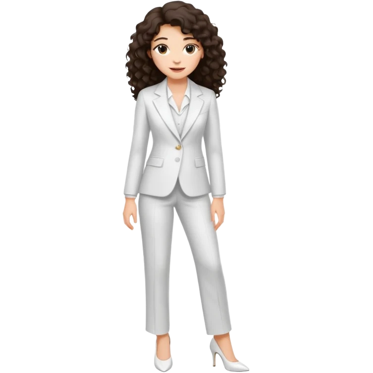 Chica joven con una sonrisa suave con cabello largo rizado y oscuro, piel clara, vestida con un traje blanco elegante y tacones bajos blancos emoji