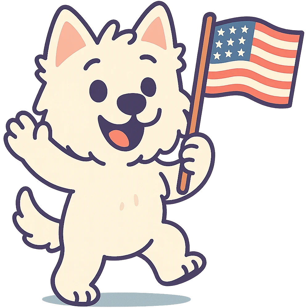 Westie dog waving a US flag, pastel toon cartoon style emoji