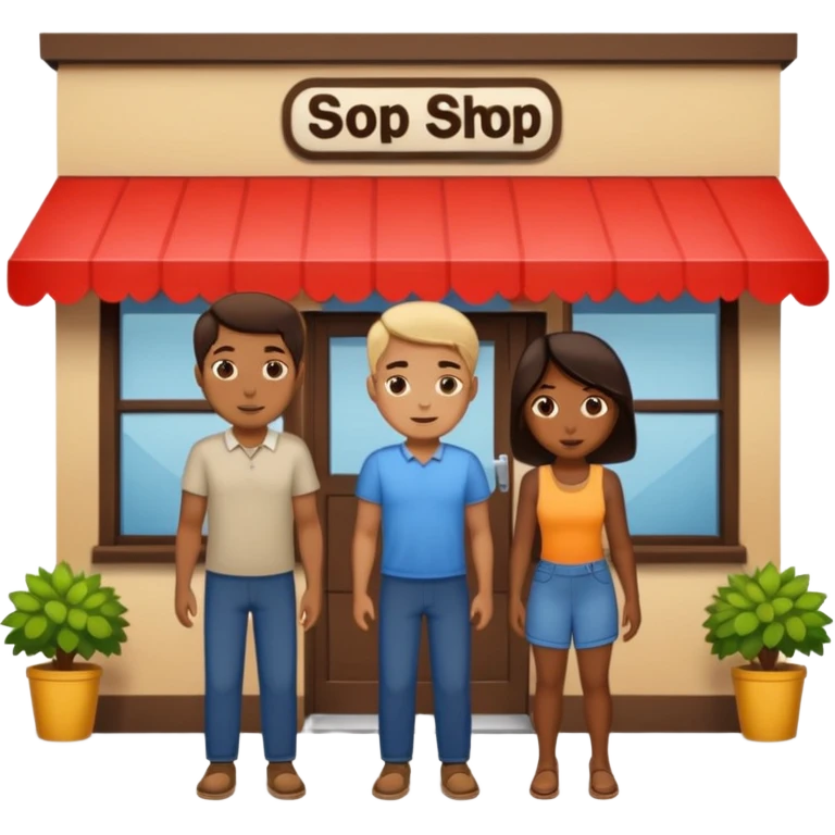 2 grown  2D line-drawn characters + small shop emoji