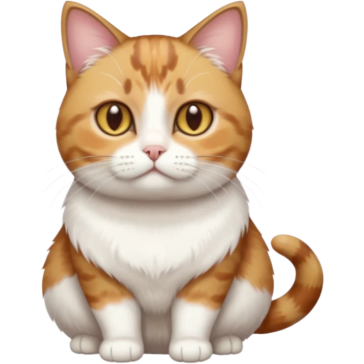 full body torbie and white cat with small head, hazel eyes, and short but chubby body emoji