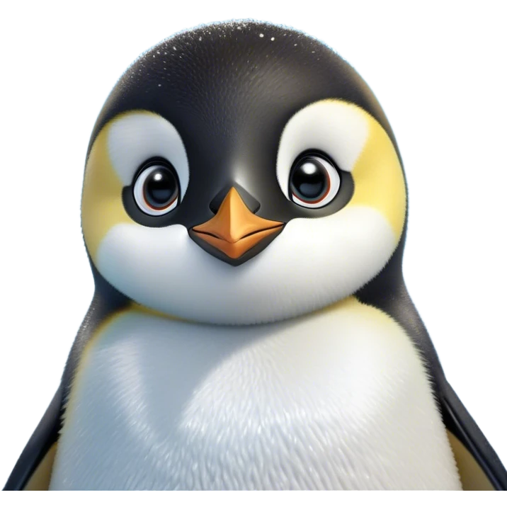 Cinematic Cute Emperor Penguin Portrait Emoji, Head tilted playfully and inquisitively, with glossy, pristine plumage accented by a bright beak and round, sparkling eyes filled with curiosity, Simplified yet irresistibly adorable features, highly detailed, glowing with a warm, friendly icy glow, high shine, affectionate and lively, stylized with a touch of whimsical charm, bright and endearing, soft glowing outline, capturing the essence of a mischievous yet loving penguin that feels like it could slide out of the screen into your arms! emoji