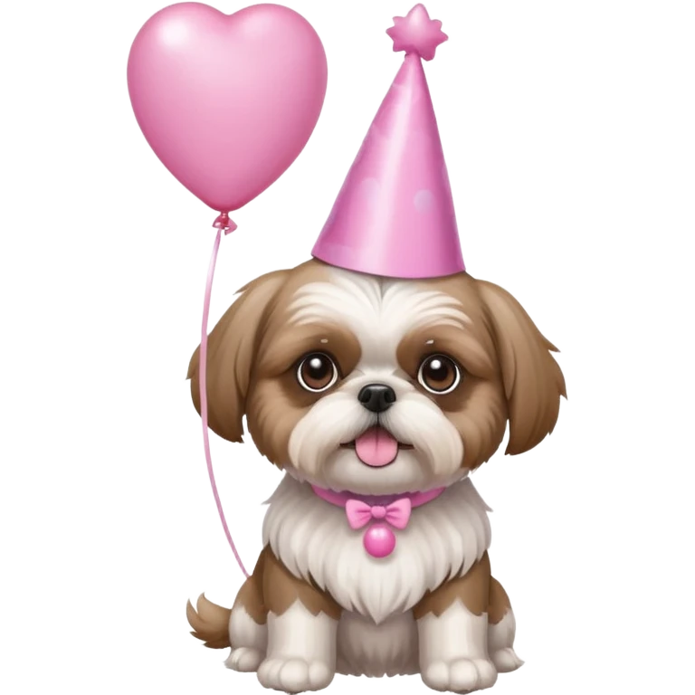 cute shih tzu hold a few cute pink balloons  with pink birthday hat emoji