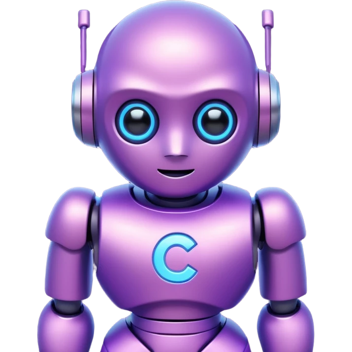 Cute mini robot character, purple body, white C symbol on the chest, soft neon glow, simple face with two bright blue eyes emoji