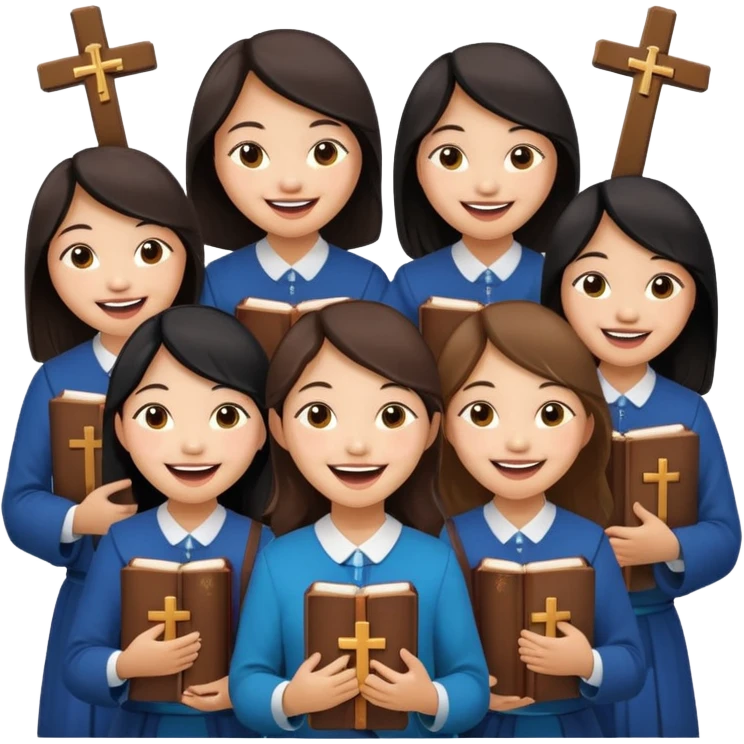 eight asian girls laughing with each other holding bibles and crosses and emoji