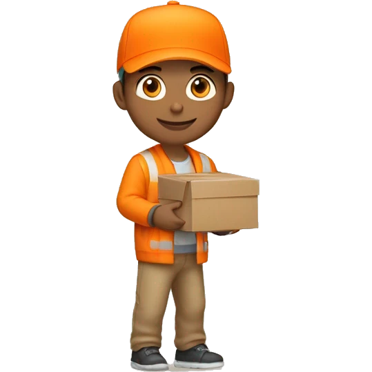 Delivery boy, full body, light skin tone, wearing orange cap and orange jacket, abx delivery company uniform loading a package background emoji