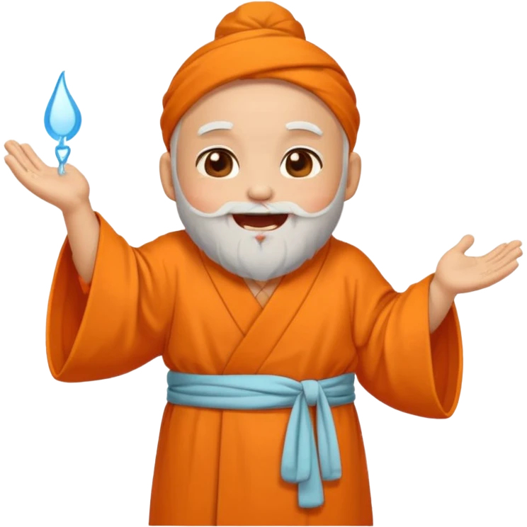Chibi Aacharya emoji, white beard and bun, orange robe, laughing with tears of joy, cute sticker style, transparent background, PNG emoji