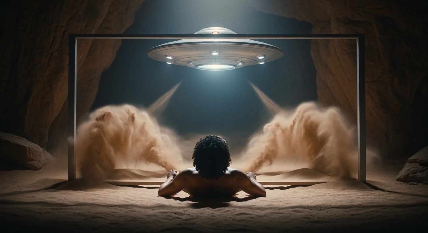 cinematic still, documentary photography, acient egypt, back shot of a man in cave (frame in frame effect) on ground laying front of ufo starship, sand flying around, dynamic scane, leading lines, captured by arri alexa emoji