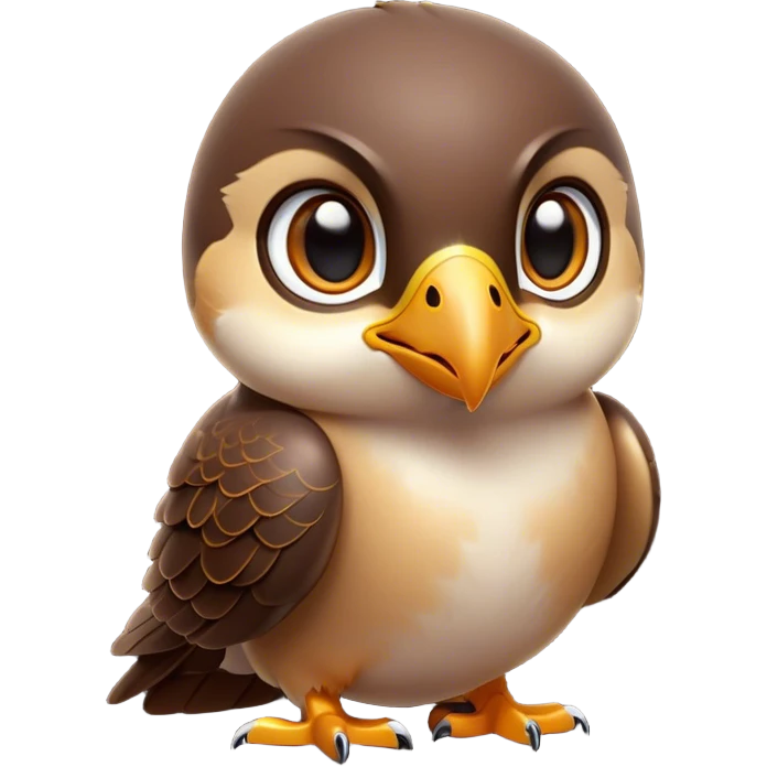 Cinematic Cute Falcon Portrait Emoji, Head tilted playfully and inquisitively, featuring a sleek, agile form with a delicately curved beak and round, sparkling eyes full of spirited charm, Simplified yet irresistibly adorable features, highly detailed, glowing with a warm, inviting glow, high shine, affectionate and lively, stylized with a touch of whimsical aerial grace, soft glowing outline, capturing the essence of a mischievous yet endearing falcon that seems as if it could dart out of the screen into your heart! emoji