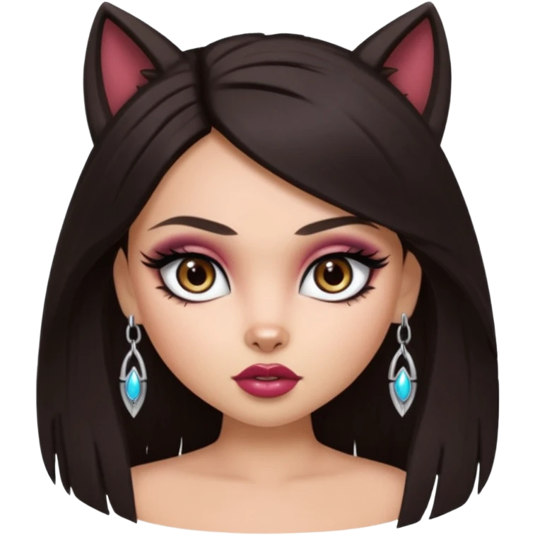 pretty bratz baddie, pretty eyes, pretty makeup, long wolf cut, dark hair emoji