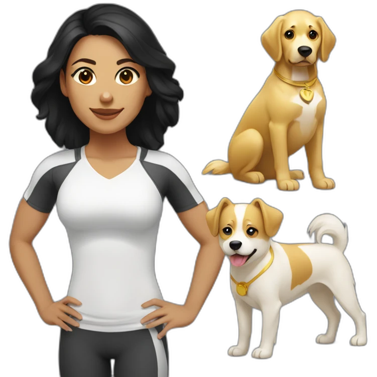 crossfit woman with black hair, white and doing lowering. And a golden dog at her side emoji
