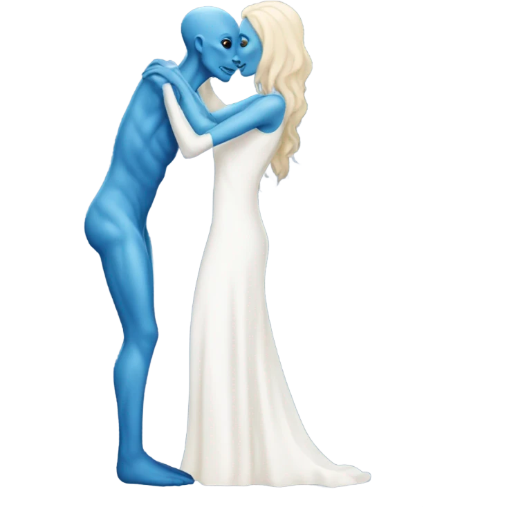 Alien reptilian woman in white dress hugs and kissing a normal "white male human man" in blue dress emoji