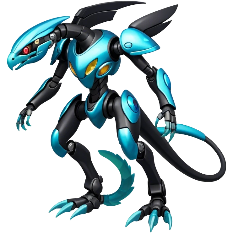 Shiny Dark Futuristic Celestial Glossy-Metallic-Alloy Cyborg-Fakemon-Pokemon-Digimon-Spectrobes-Raptor-fusion, full body, four legs, black body, cyan accents, scales emoji