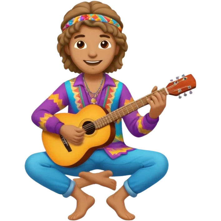 Smiling hippy playing guitar with colorful clothes.



























 emoji