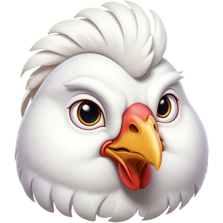 Cinematic Noble White Chicken Portrait Emoji, Poised and regal, with a compact, sturdy build and a pristine, well-groomed pure white plumage, deep-set soulful beady eyes, Simplified yet sharp and sophisticated features, highly detailed, glowing with a soft, dignified glow, high shine, intelligent and alert, stylized with an air of barnyard elegance, focused and attentive, soft glowing outline, capturing the essence of a watchful and confident fowl, so majestic it feels as though it could strut out of the screen with effortless authority! emoji