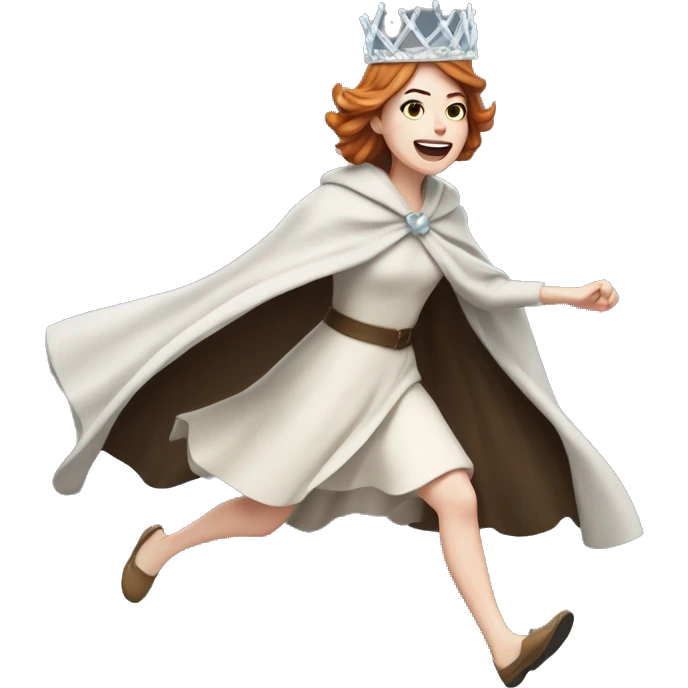 Emma Stone running, with a large stride and arms outstretched, wearing an icicle crown and winter cloak emoji