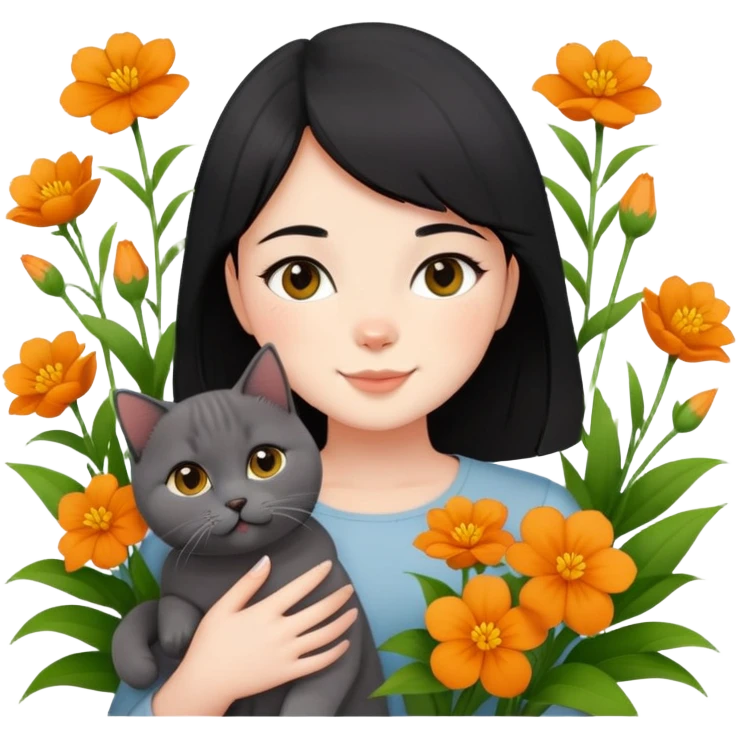 A black-haired girl happily holds a Ginger British Shorthair Cat in the flowers emoji