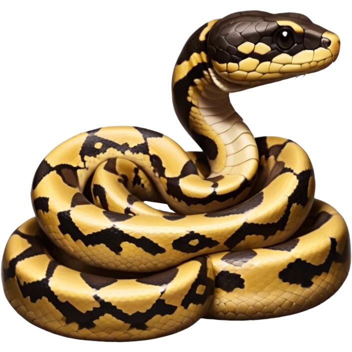 A photo-realistic digital illustration of a Ball Python, chest upward, with a short, rounded head, thick body, and a calm, curious expression. It has a warm brown base color with irregular dark blotches shaped like “alien heads,” and matte-textured scales that emphasize its small, stocky form. emoji