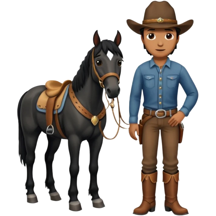 a black horse with cowboy standing with him emoji