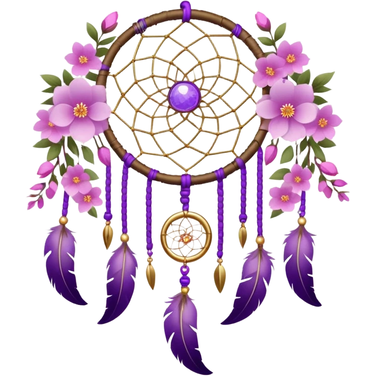 A white Dreamcatcher. with purple-round-orbs, gold-rings hanging down. purple flowers, pink sakura flowers, emoji