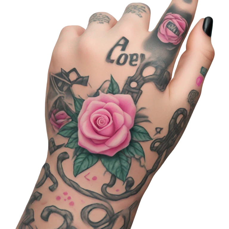 White girl hand with pink tattoos holding a tattoo machine emoji