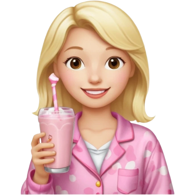Ein Blondes mädchen was einen erdbeershake trinkt und blond ist und eine rosa ne Pyjama an hat emoji