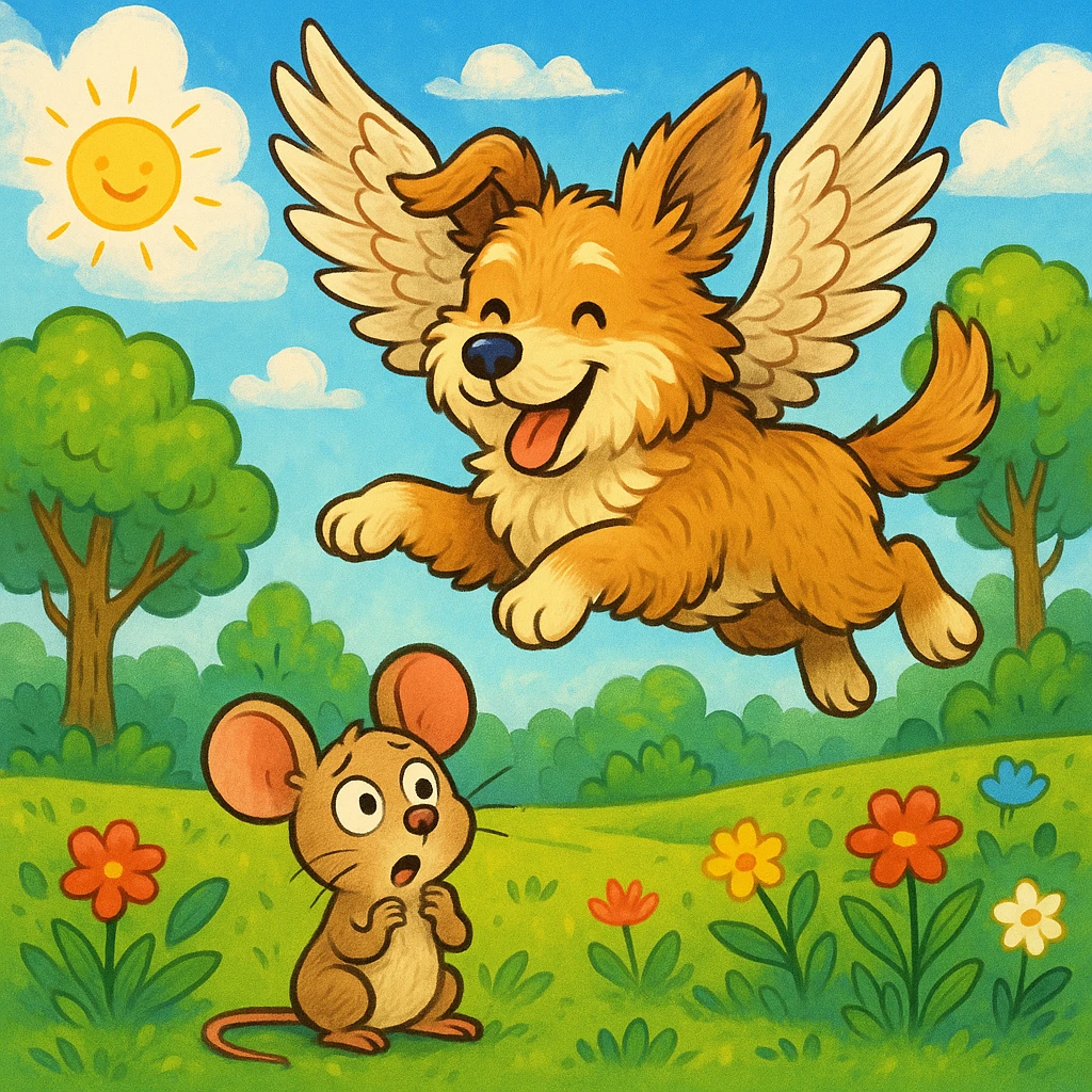 a whimsical dog with feathered wings flying over a surprised mouse in a park, colorful illustration emoji