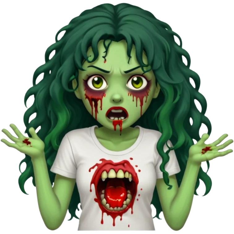 a zombie with long curly black hair volumoso, brown eyes, a white t-shirt and a splash of blood on her t-shirt, mouth open like a zombie, green skin color, not much expression, no drawing on shirt, no hands showing, less blood on her face, less blood, black hair and black eyes emoji