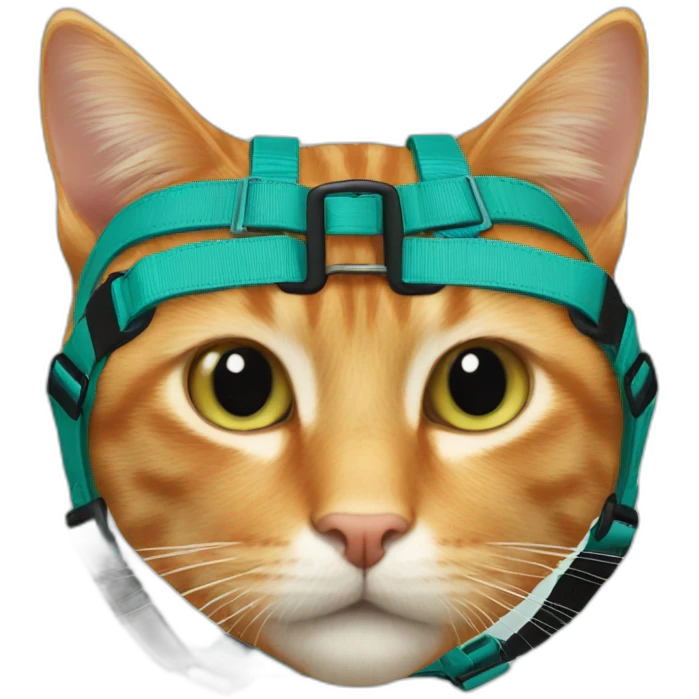 ginger cat with a teal colored harness with black buckles emoji