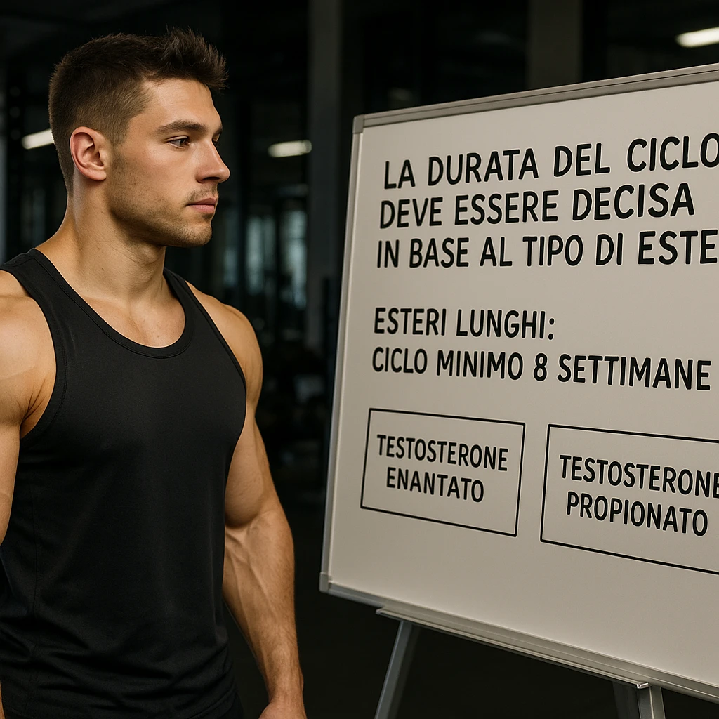 realistic young muscular bodybuilder in sportswear looking at a gym whiteboard with Italian text 'La durata del ciclo deve essere decisa in base al tipo di estere' and 'Esteri lunghi: ciclo minimo 8 settimane', boxes labeled 'Testosterone Enantato' and 'Testosterone Propionato' nearby, attentive expression, learning atmosphere, gym background, 4K quality emoji