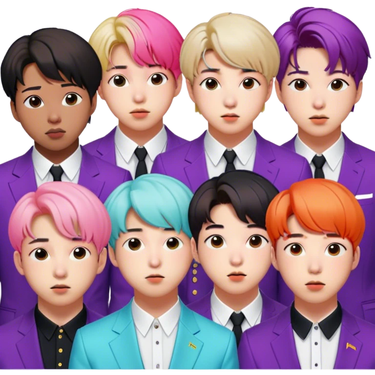 Cinematic Realistic group portrait of BTS featuring all 7 members in stylish modern attire, with detailed facial expressions and vibrant colors, captured in dynamic, contemporary lighting that emphasizes their global pop icon status emoji