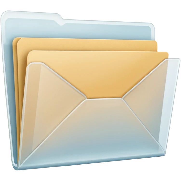 A simple emoji-style icon of a transparent white plastic folder, minimal and clean, with a visible envelope inside labeled “Henry Ballester”, subtle translucency, rounded corners, and soft shading. emoji