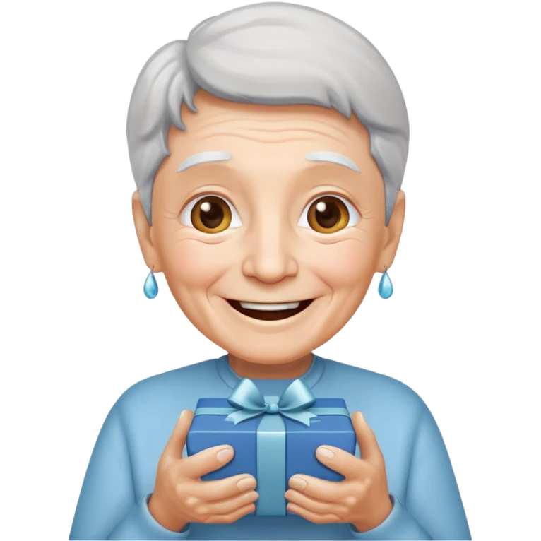 Una persona mayor recibiendo un regalo plateado. Se muestra sonriente y alegre los ojos llorando de felicidad se ve rejuvenecido emoji
