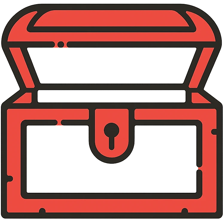 a minimalist red treasure chest where the middle is mostly transparent, with only the essential red outlines and frame remaining, weathered and slightly distressed edges, some red elements strategically placed to define the chest shape emoji