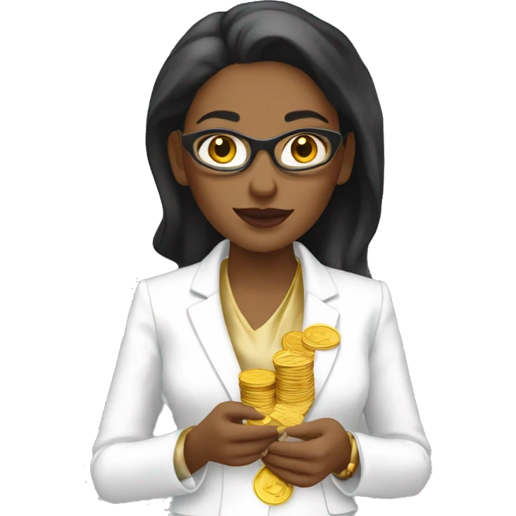 Posh-woman-with-white-suit-holding-golden-coins only upperbody emoji