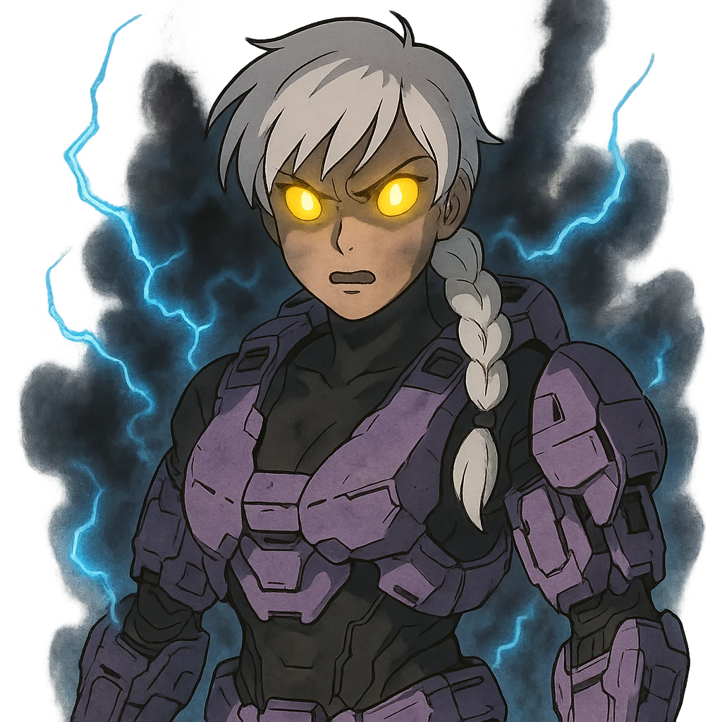 female, wearing reach spartan armor shoulder-unequip, long white braid hair with massive messy front side single bangs, gold yellow eyes, attention pose, D-cup size, HALO:series, no helmet, the armor is lavender color scheme, eyes glowing, demon eye, gleam, rage aura, body steaming dark gray, blue electricity emoji