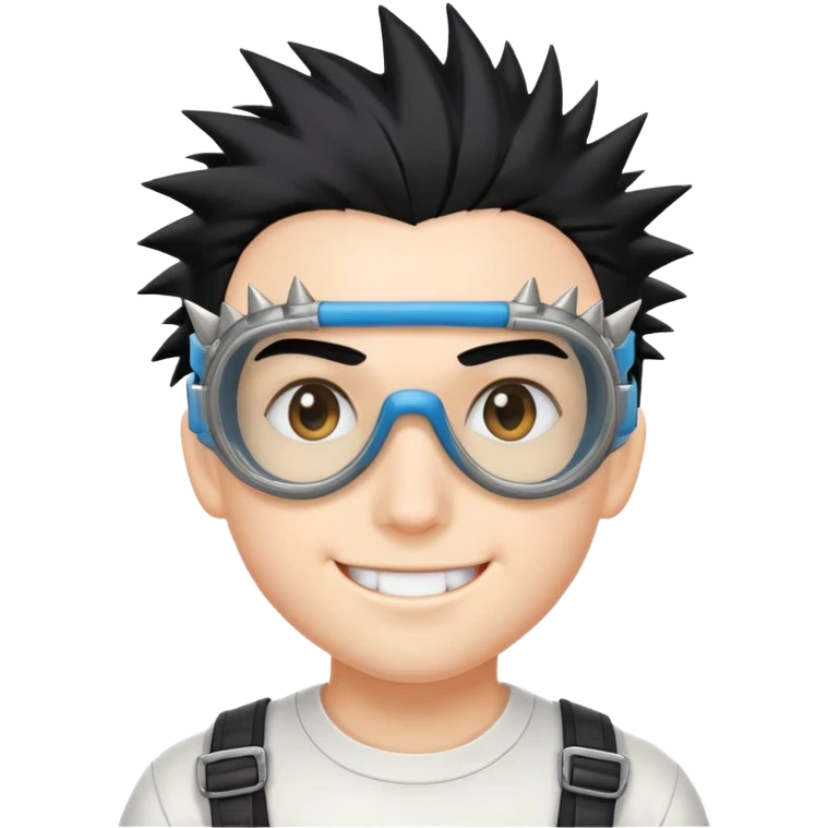 A smirk with braces, goggles, and spikey black hair emoji