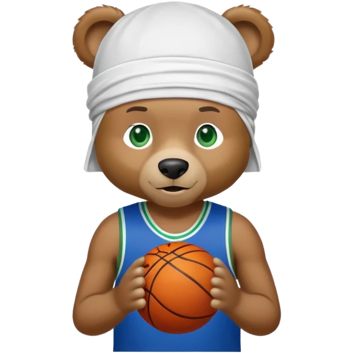 Brown bear with friendly expression and green eyes, white durag on head, blue basketball jersey visible up to shoulders, showing upper body, iOS emoji style emoji