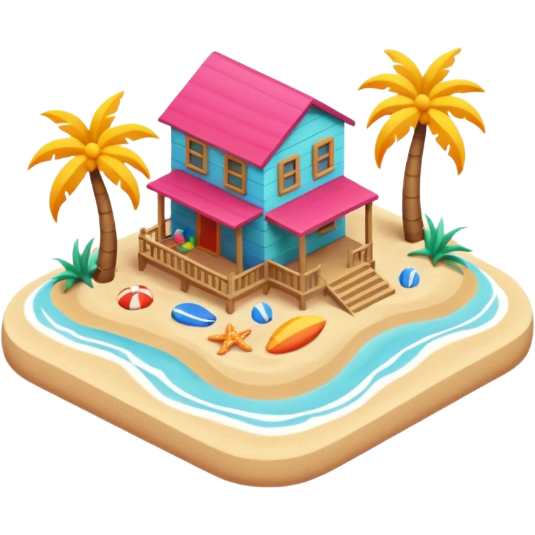 beach house near ocean, sandy ground, small waves, tropical vibe, colorful house, 3D cartoon, cute game icon, clean background, no text emoji