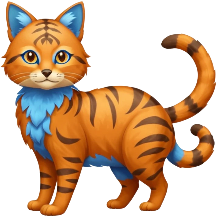 Colorful brown with blue and orange tropical exotic shiny beautiful fantasy-Vernid-Cacomistle-Ocicat-animal-Fakémon-hybrid-fursona (full body) emoji