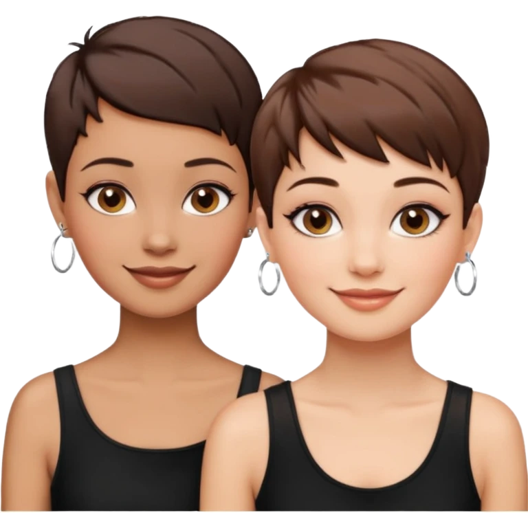 Puerto Rican fair skin straight brown pixie cut hair with hoop earrings make up and my best friend brown  colored pixie cut with jewelry and makeup on her face besties side-by-side wearing black  emoji