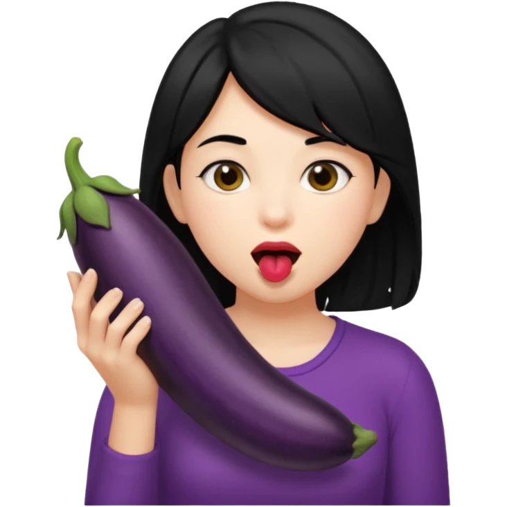 girl black hair with a black hairy eggplant in her mouth emoji