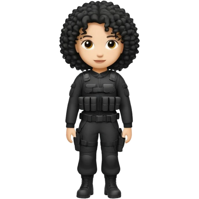 emoji dressed in black, curly hair, light skin, and tactical gear  emoji