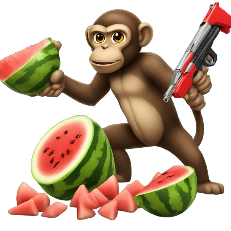 Monkey eating watermelon shooting gun and fried chickrn emoji