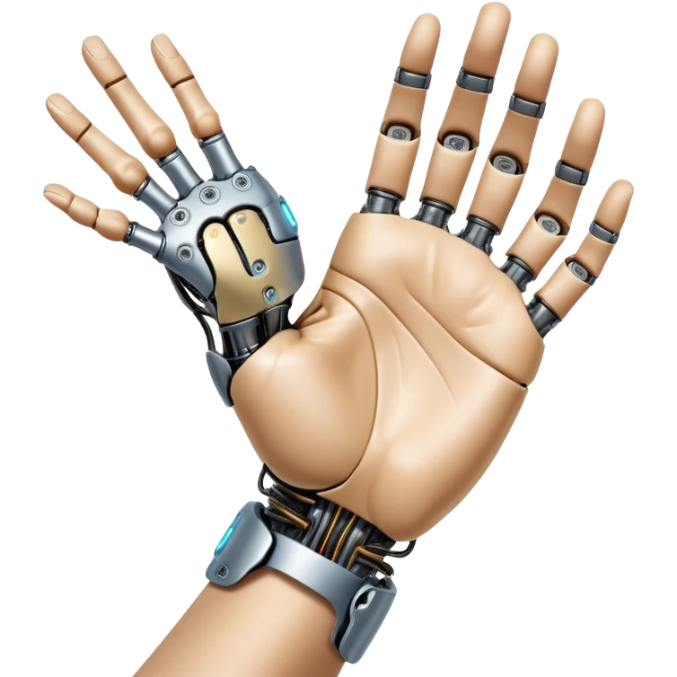 An icon inspired by Da Vinci’s 'The Creation of Adam', featuring a robotic hand reaching out to touch a human hand, symbolizing artificial intelligence. The design includes neural networks, glowing circuits, and a holographic brain. Transparent background emoji