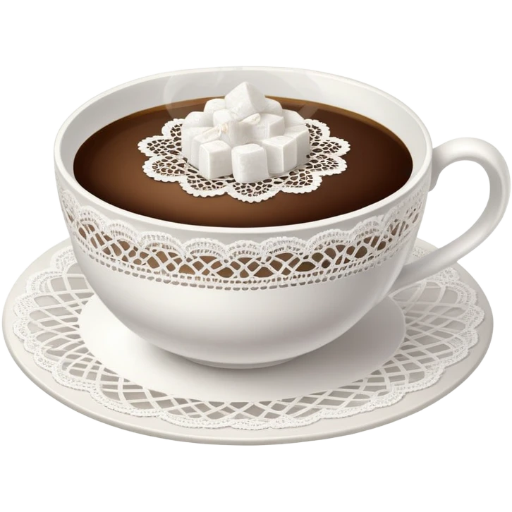 A cup of hot coffee with light steam, in a delicate porcelain cup with lace doily underneath, sugar cubes on the side. emoji