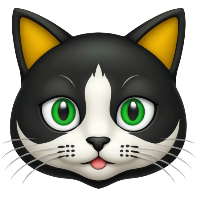 crie uma imagem de um gato preto com uma mancha branca no peito o gato tem olho verde  tudo no estilo de animação emoji