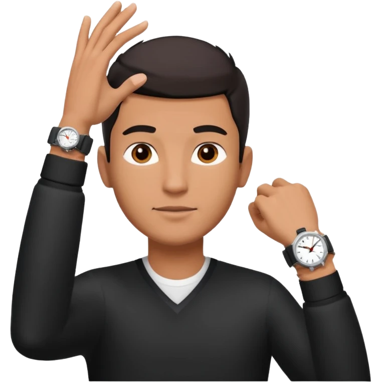 diverse man wearing a black strap watch on his wrist portrait, head and shoulders only, wrist raised slightly showing the watch clearly, modern style, 3D cartoon, mobile game icon style, clean background, no text, no watermark
 emoji