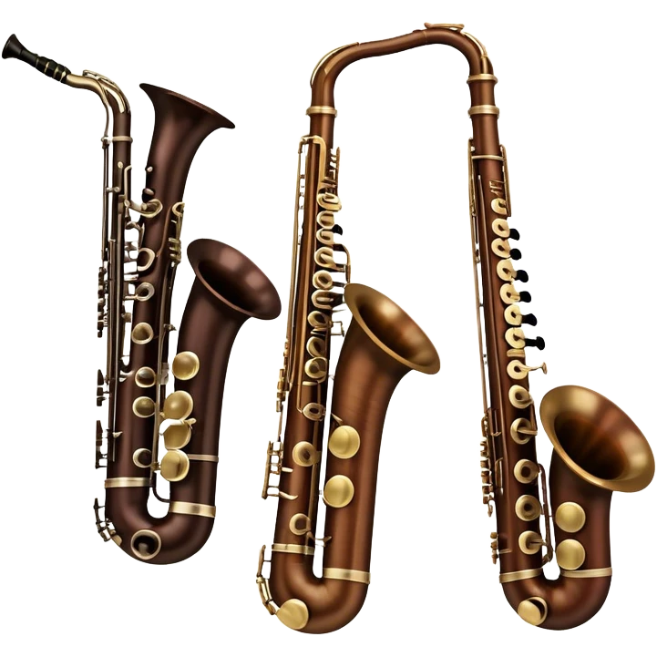 Create a refined and artistic emoji that represents lesser-known wind instruments. The design should feature a collection of unique wind instruments, such as a bassoon, oboe, or French horn, arranged elegantly. Add elements like musical notes to symbolize the harmony and beauty of these instruments. Use colors like bronze, silver, and dark wood tones to reflect the classic nature of the instruments. The background should be transparent. emoji